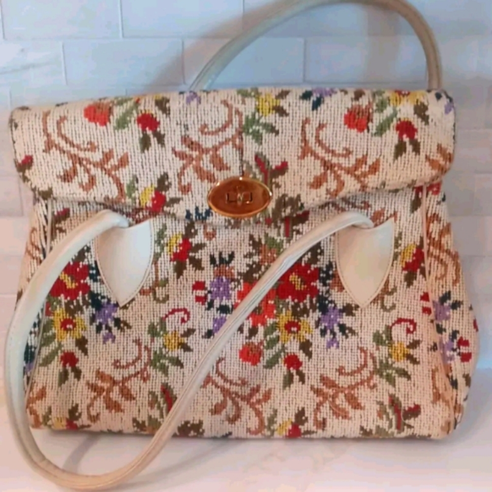 Vtg Rockland Tapestry Needlepoint Hand Bag Purse 1950s 1960s Floral Pattern